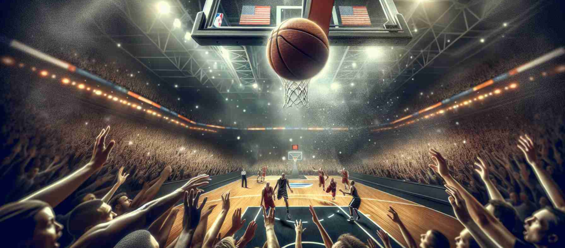 An exhilarating HD image illustrating the climax of a basket match happening at a major sports venue, the stands are filled with cheering fans. The sheer intensity of the game-changing moment on the court, as the basketball is about to swish through the hoop, leaves everyone in anticipation. The scoreboard is visible reflecting a close, neck-to-neck score. The consequent reaction of the spectators, coaches, and the players themselves is evident and full of suspense, indicating an unexpected or unbelievable outcome.